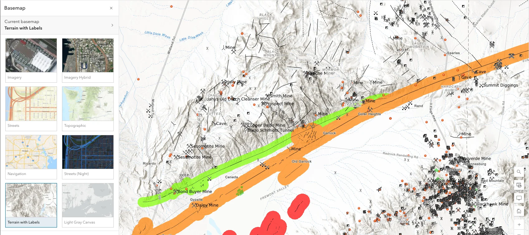 Fault lines and off-road trails overlay