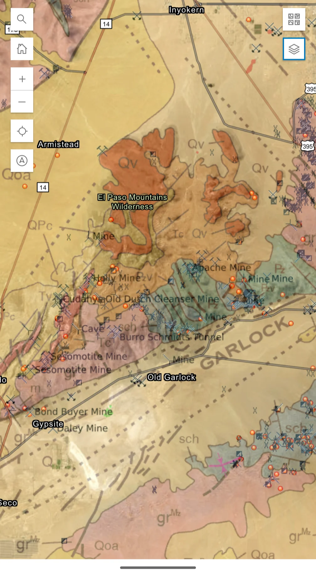 Mobile geology map with rock formations