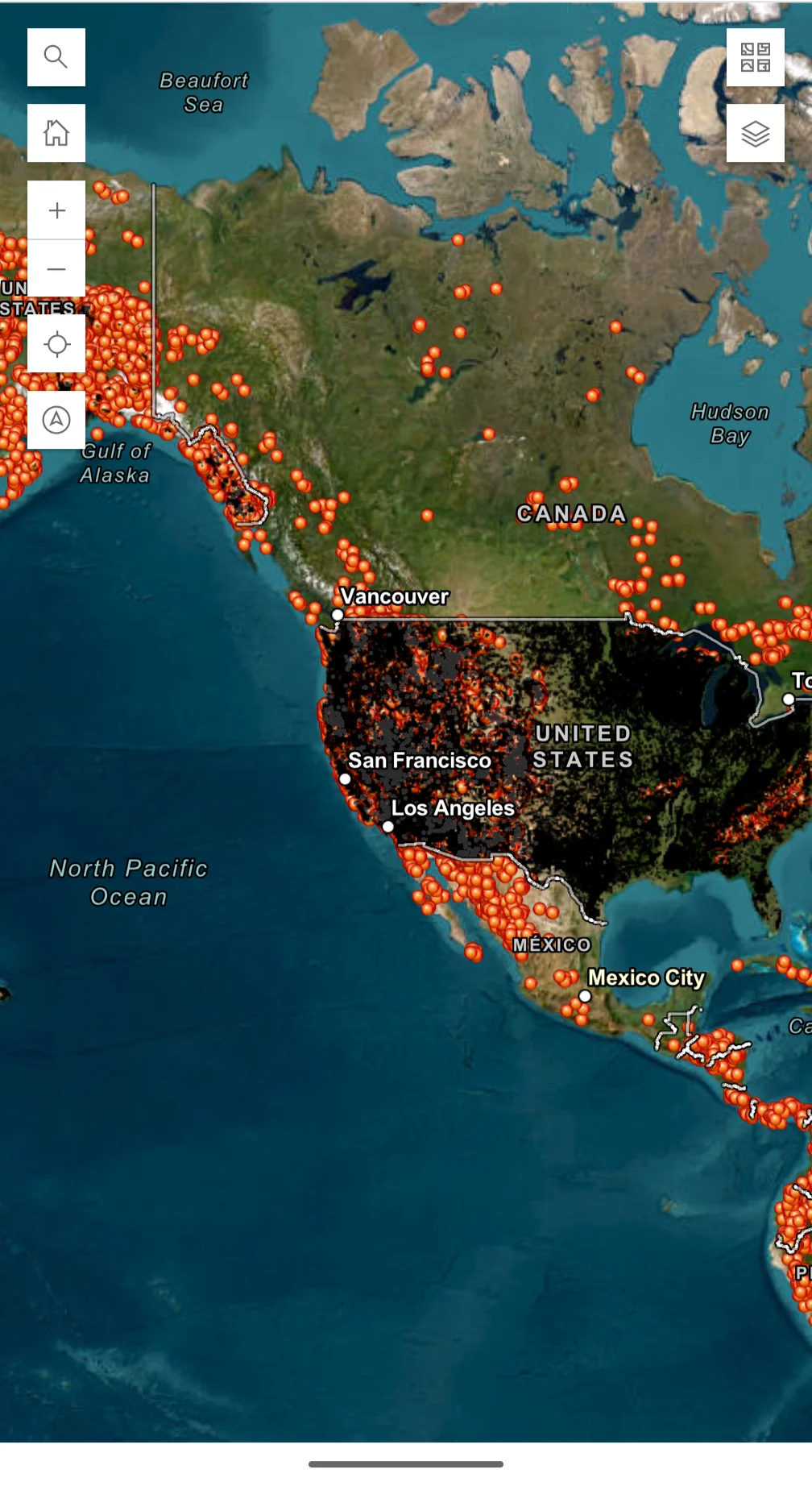 Mobile map overview with gold deposits across North America